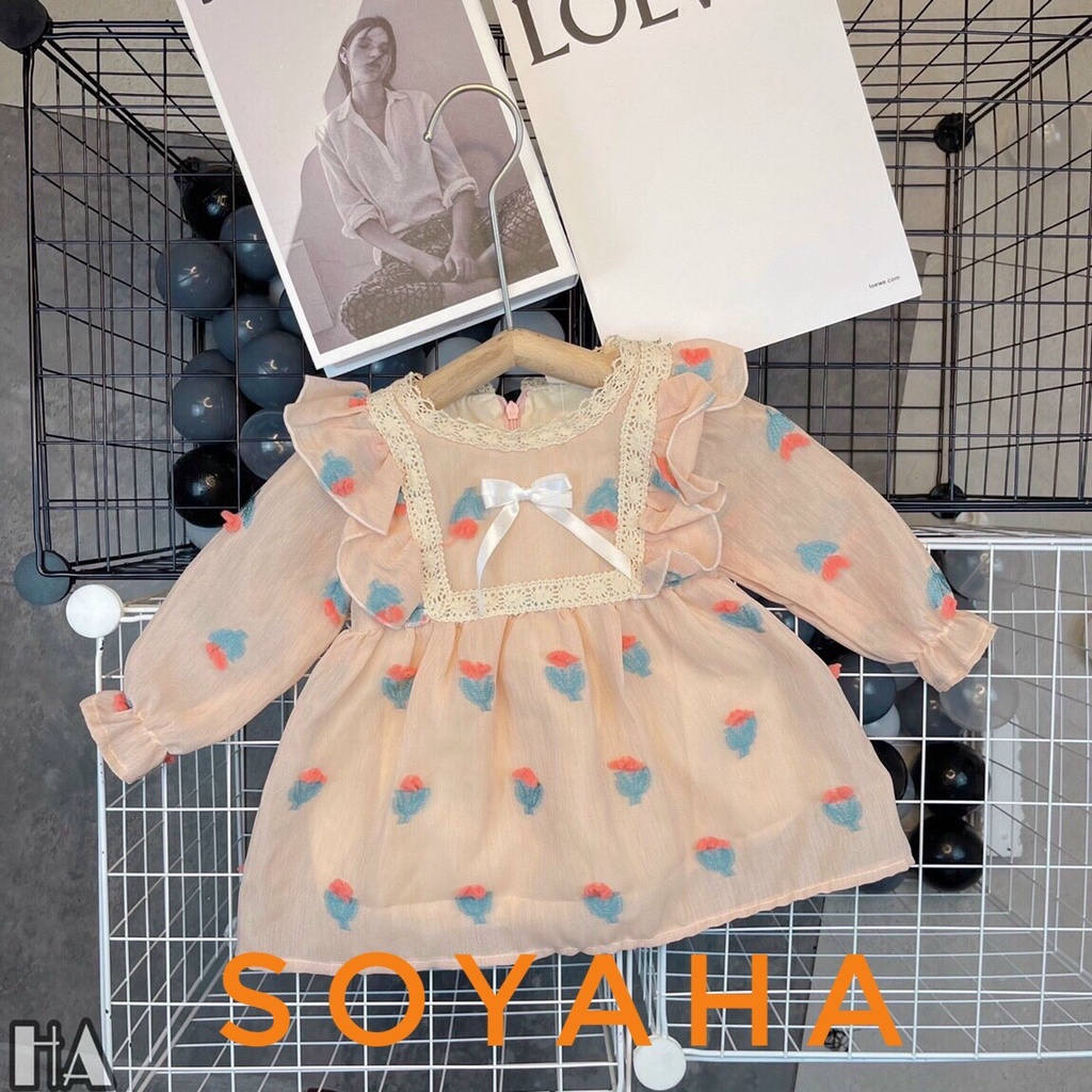 Váy Đầm Bé Gái Baby Doll Dáng Xòe Dài Tay Cổ Đính Nơ Tiểu Thư Họa Tiết Thêu 3D
