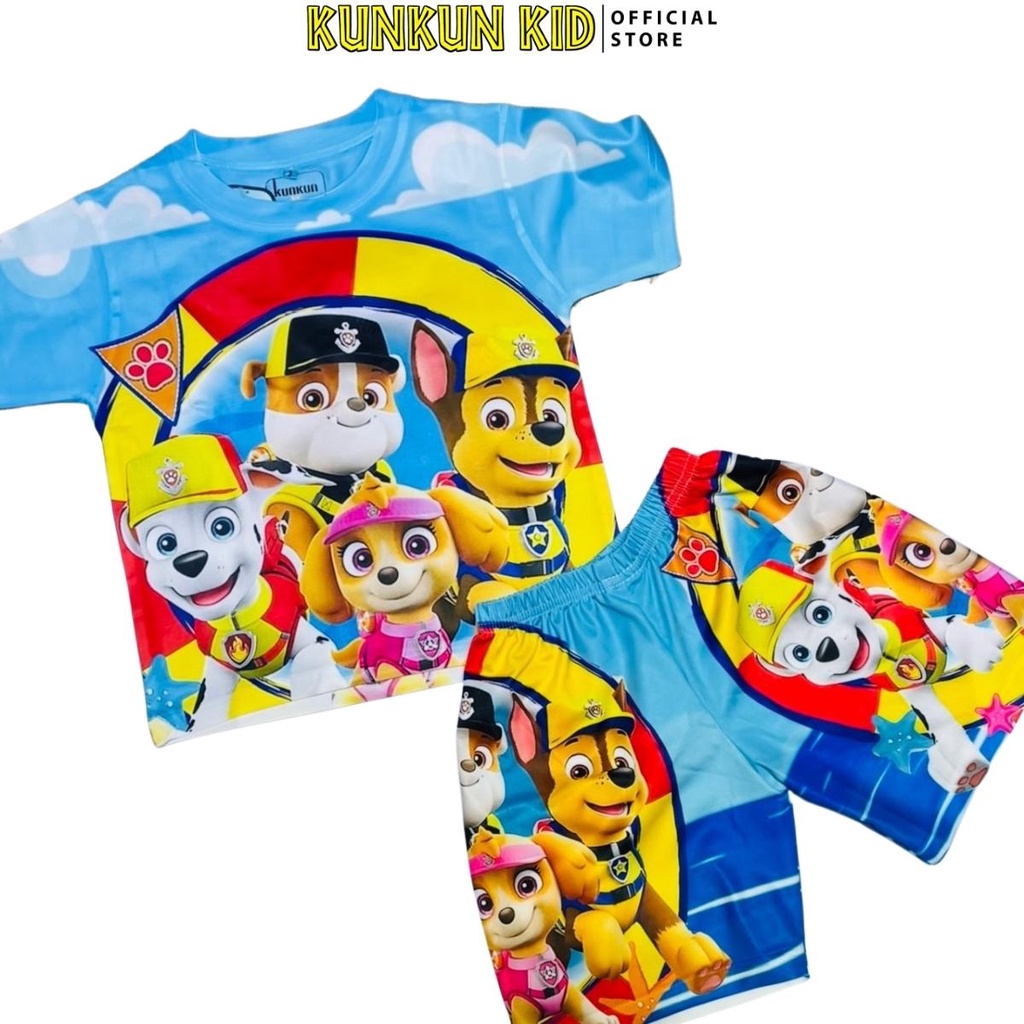 Quần áo trẻ em in 3d Kunkun Kid hình siêu nhân hoạt hình cộc tay cho bé trai size đại từ 10-40kg chất thun lạnh