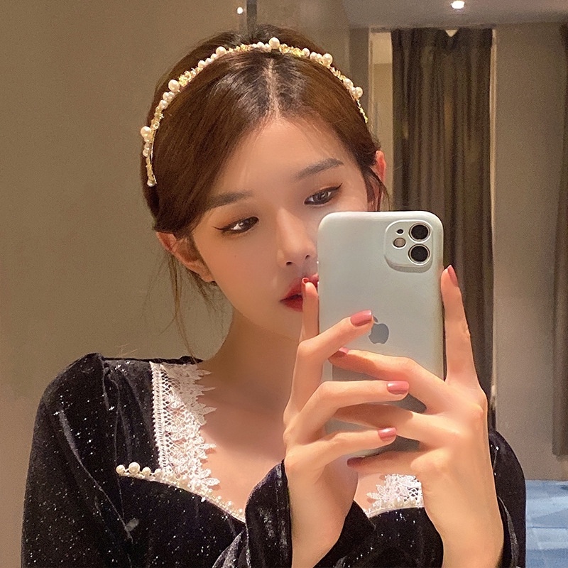 Băng Đô Họa Tiết Lá Cây Đính Ngọc Trai Phong Cách Hàn Quốc