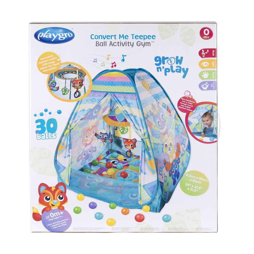 Lều banh có đồ chơi treo nôi Playgro Convert Me Teepee Ball Activity Gym, cho bé sơ sinh đến 24 tuổi