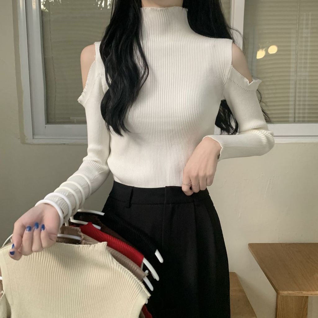 Áo Len Tay Dài Cổ Cao Hở Vai Thời Trang Cho Nữ