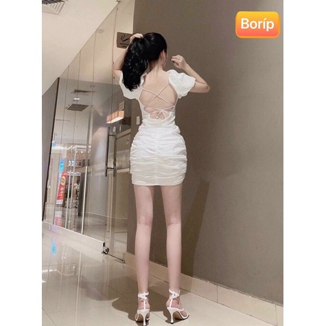 Váy Body Đầm Dự Tiệc Hở Lưng Chất cotton Lụa CÓ MÚT NGỰC Tay Phồng Cổ Vuông - Dây Đan Chéo Lưng Sexy - Đ0053 | steven