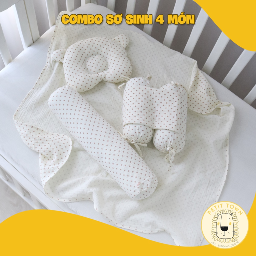 Combo set gối sơ sinh 4 món Petit Town xô muslin cho bé gái