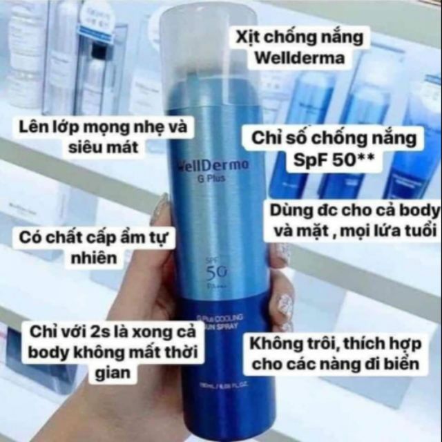 Xịt Chống Nắng Chống Trôi, Giảm Nhiệt, Làm Mát Da Wellderma G PLus Cooling Sun Spray SPF50 PA+++