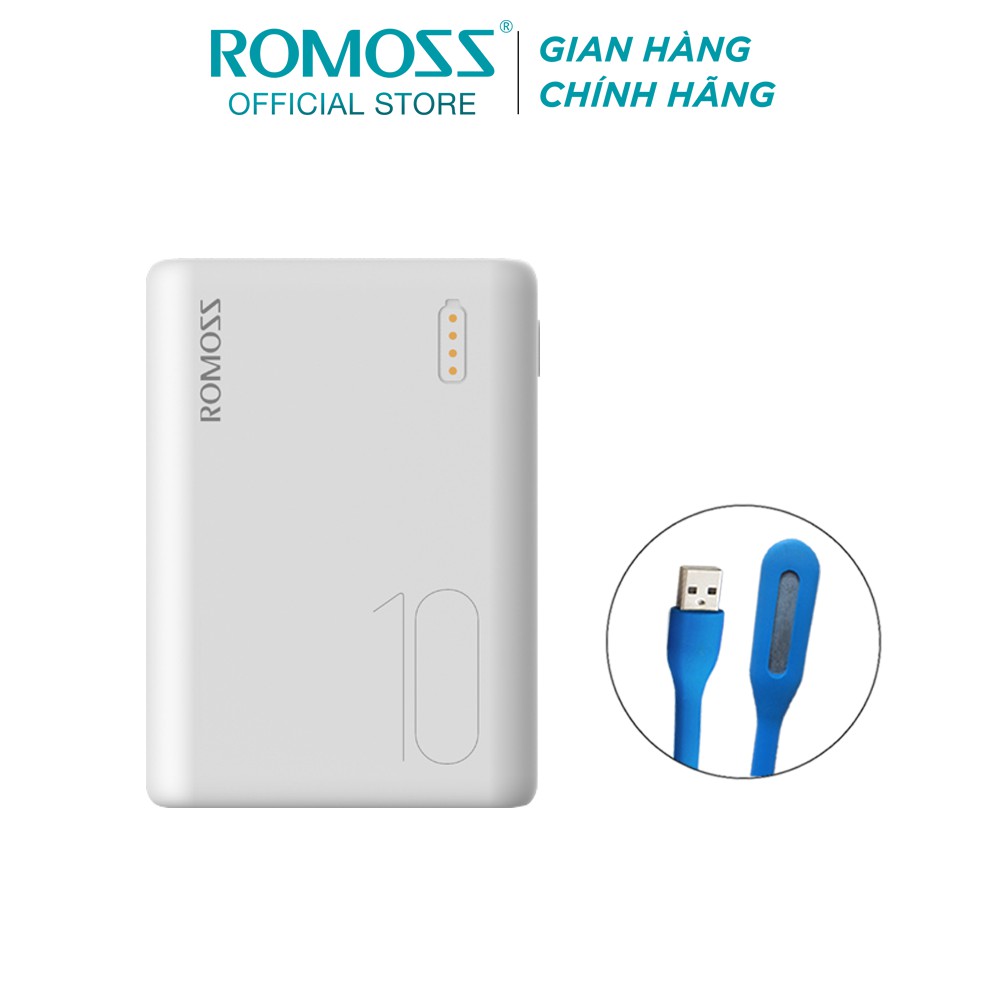 Pin sạc dự phòng Romoss Simple 10 10.000mAh nhỏ gọn 3 cổng input tặng đèn LED USB