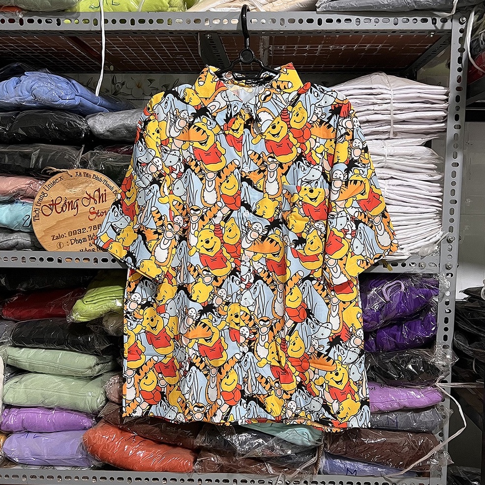 Áo Sơ Mi Họa Tiết Đi Biển Gấu Pooh Hoạt Hình Tay Lỡ Dáng Rộng Ulzzang Unisex - MM