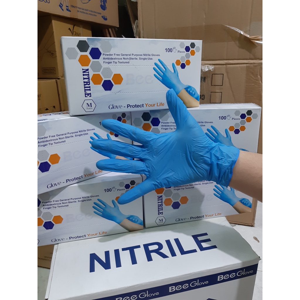 Hộp 50 đôi(100 chiếc) Găng tay cao su nhân tạo NITRILE không bột BEE GLOVE, chính hãng Màu Blue 4.0gr-Size S,M,L