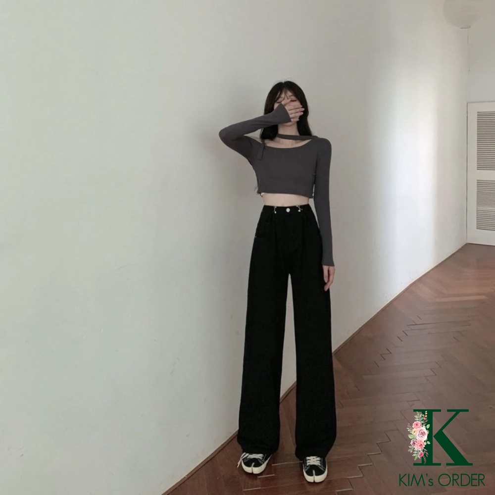Quần Jean Nữ Ống Suông Cạp Gài Khuy Điều Chỉnh Eo Màu Trắng Đen Xanh Hồng Lưng Cao Phom Rộng Phong Cách Ulzzang Cá Tính