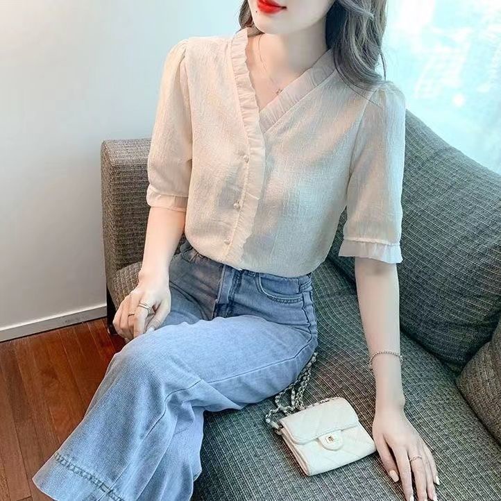Áo Voan Ngắn Tay Cổ Chữ V Phong Cách Phương Tây Thời Trang Mùa Hè Cho Nữ