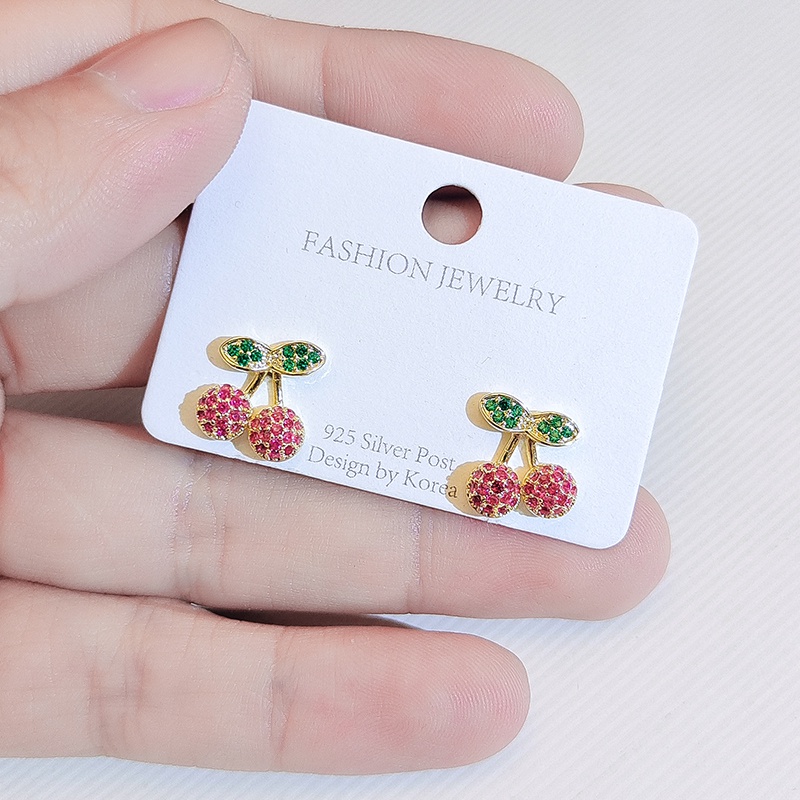 [Jiudolan] Bông Tai Bạc Kim Cương Hình Cherry Đỏ Tinh Tế Thời Trang Không Gây Dị Ứng Cho Nữ