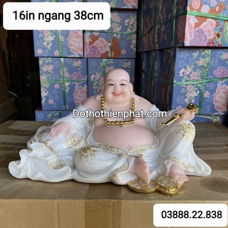 Tượng phật di lặc đá16in ngang 38cm màu trắng