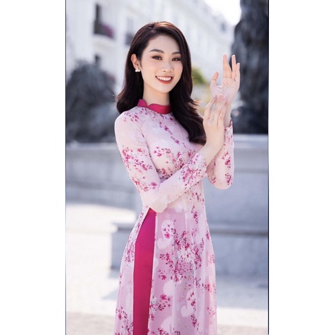 Áo dài hồng 4 tà phối cổ cách điệu kèm quần
