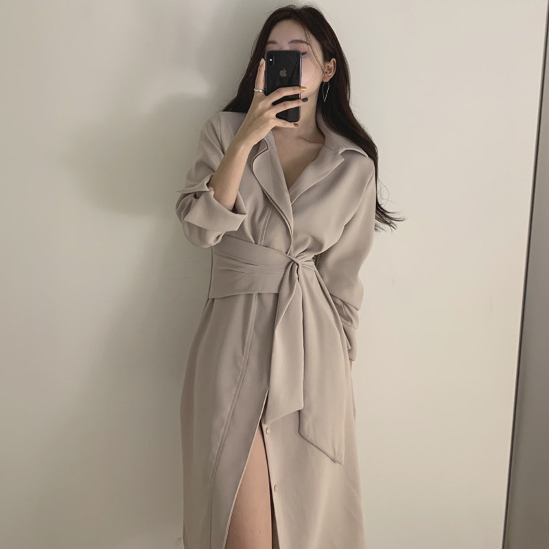 Đầm sơ mi lụa trơn dáng xuông thắt eo công sở phong cách Hàn Quốc