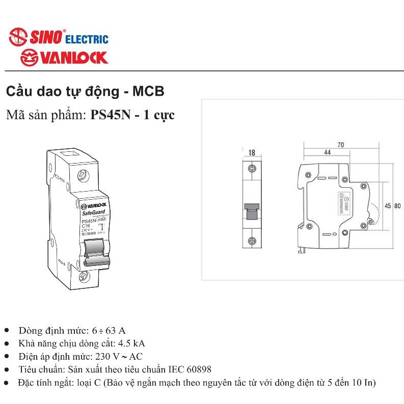 [ CHÍNH HÃNG ] CB, MCB 1 pha, 3 pha Sino, Aptomat 1 pha, 3 pha Sino, Cầu dao điện tự động Sino 10A đến 63A