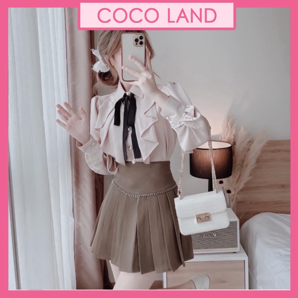 Áo sơ mi tiểu thư phối dây nơ_888 ulzzang nữ tính, mầu đen, trắng, be, nâu tây, cocoland