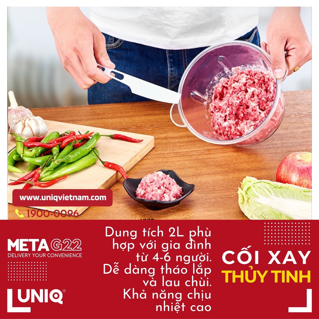 Máy xay thịt cá, rau củ UNIQ Meta G22 2L với lưỡi dao thép không gỉ cối thủy tinh cao cấp phù hợp với gia đình