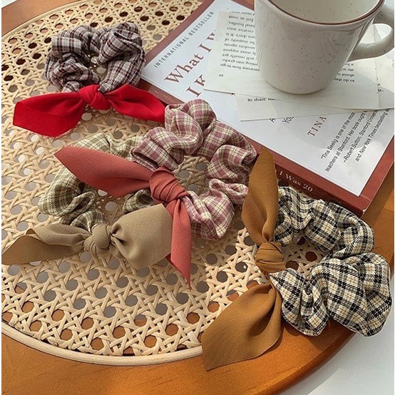 Scrunchies cột tóc caro sọc vải thắt nơ nhỏ màu trơn xinh xắn S24