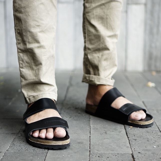 Dép Đế trấu nam BIRKEN STOCK đen QUAI DÁN Da thật 2 lớp unisex CHỐNG THẤM MỒ HÔI chịu nước thương hiệu TONKIN