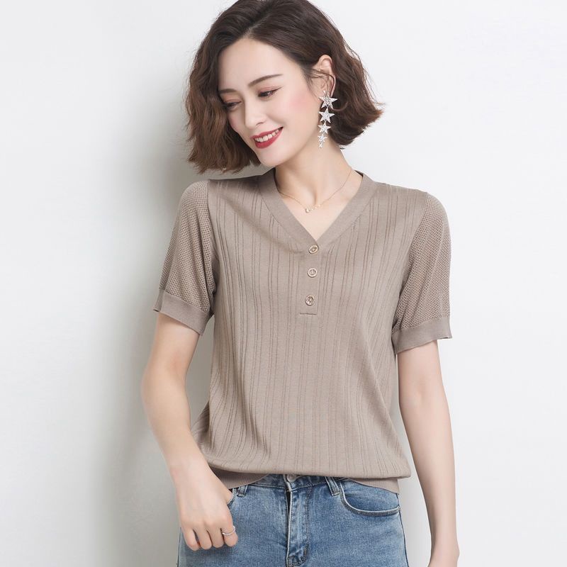 Áo Thun Tay Ngắn Cổ Chữ V Dáng Rộng Màu Sắc Thời Trang Cho Nữ Trung Niên