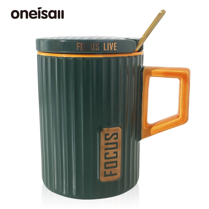 Cốc uống cà phê ONEISALL bằng sứ có nắp và muỗng sáng tạo 430ml