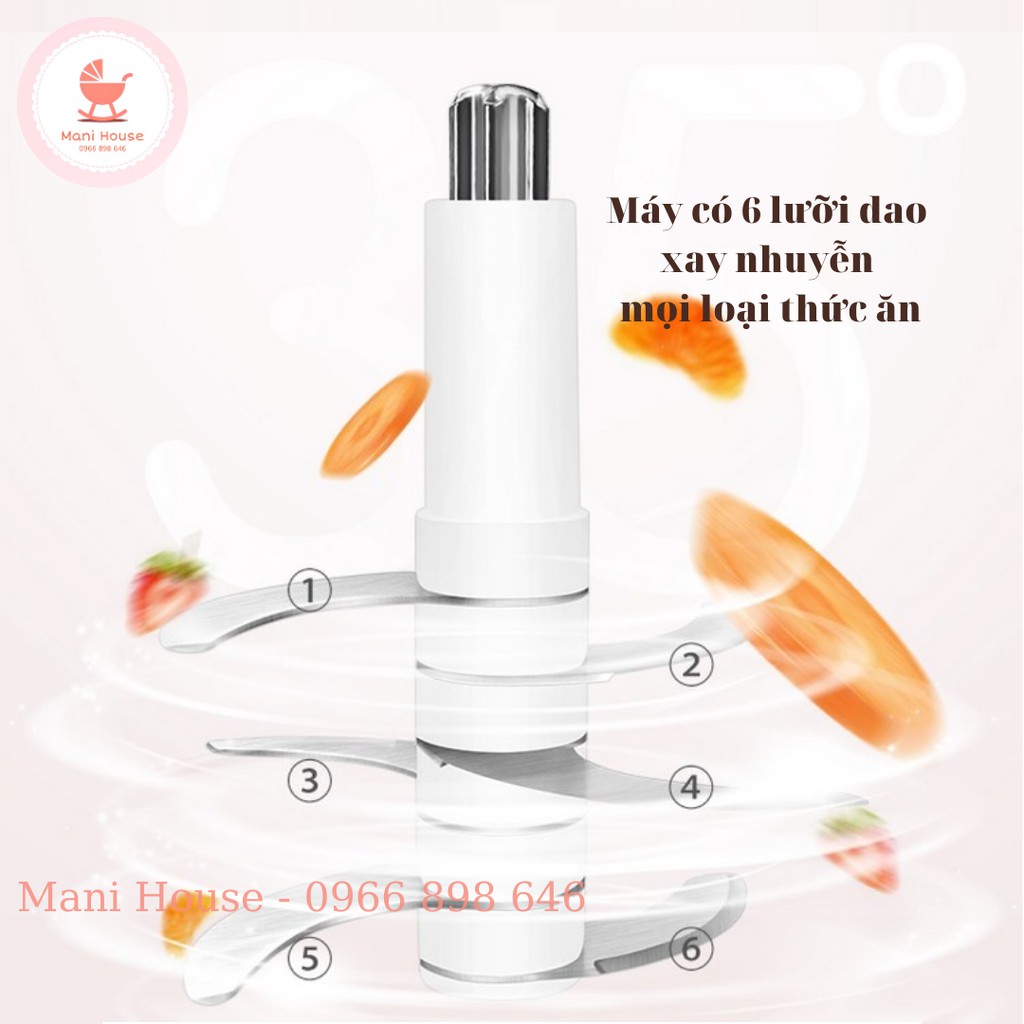 (BH 18 Tháng) Máy Xay Hattiecs Cầm Tay Đa Năng Bản Nâng Cấp 6 Dao Dành Cho Bé Ăn Dặm, Xay Rau, Thịt, Máy Xay Đồ Ăn Dặm