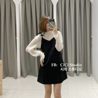 Set váy nhung kèm áo bèo chấm bi - ảnh thật