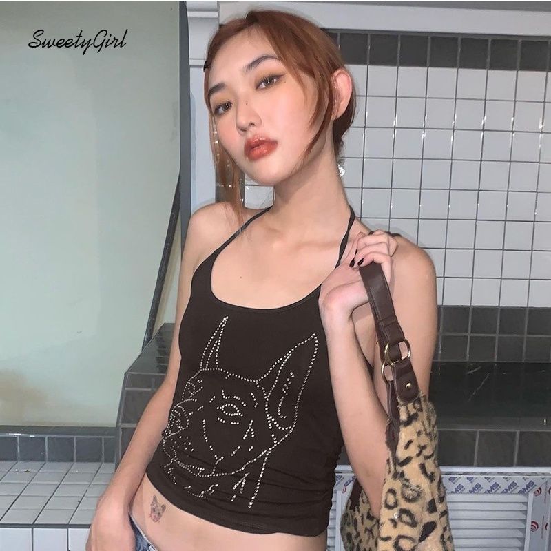 Áo Tank Top Cổ Tròn Màu Trơn Eo Thấp In Họa Tiết Chú Chó Dễ Thương Thời Trang 2022 Cho Nữ