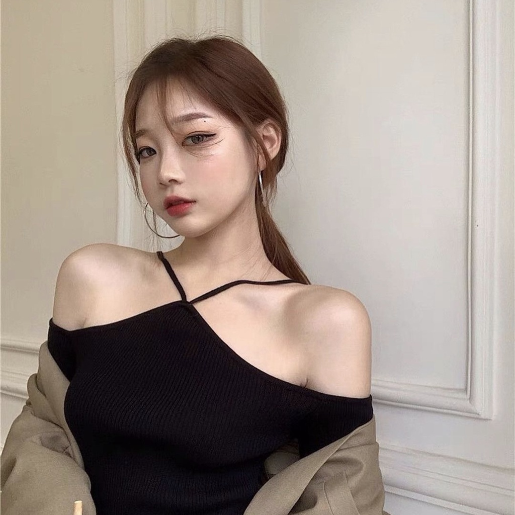 [FREESHIP] Áo len tăm trễ vai phối dây cách điệu (hàng QC) - Ảnh thật