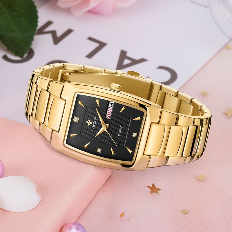 Wwoor Đồng Hồ Đeo Tay Mặt Vuông Màu Vàng Đen Sang Trọng Cho Nữ Relogio Feminino-8837