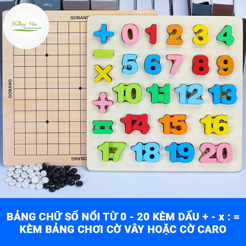Bộ đồ chơi bảng gỗ gồm chữ số nổi từ 0 đến 20 (có dấu cộng trừ nhân chia bằng) - kèm mặt sau là bộ cờ vây, cờ ca rô