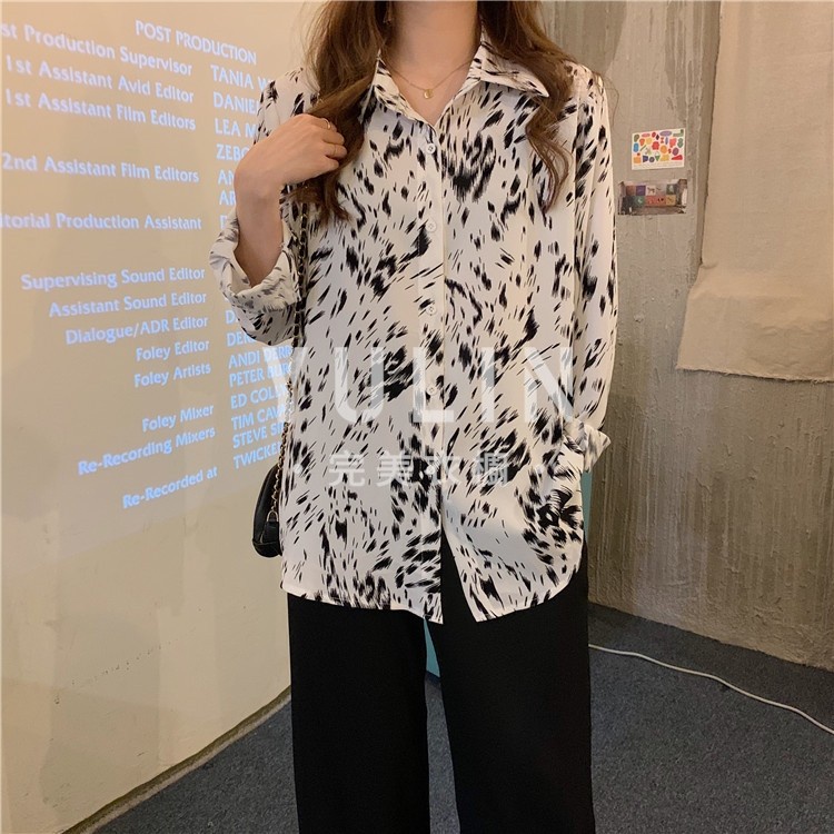 YL Chiffon Shirt With Ink Print Retro Hong Kong Fashion Spring Summer New For Women 2021