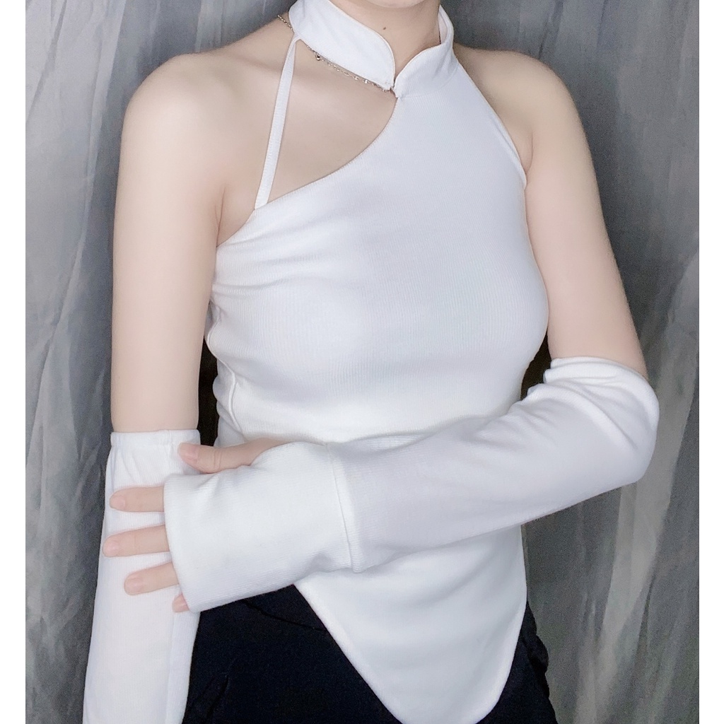 Áo crop cổ tàu sườn xám cổ điển