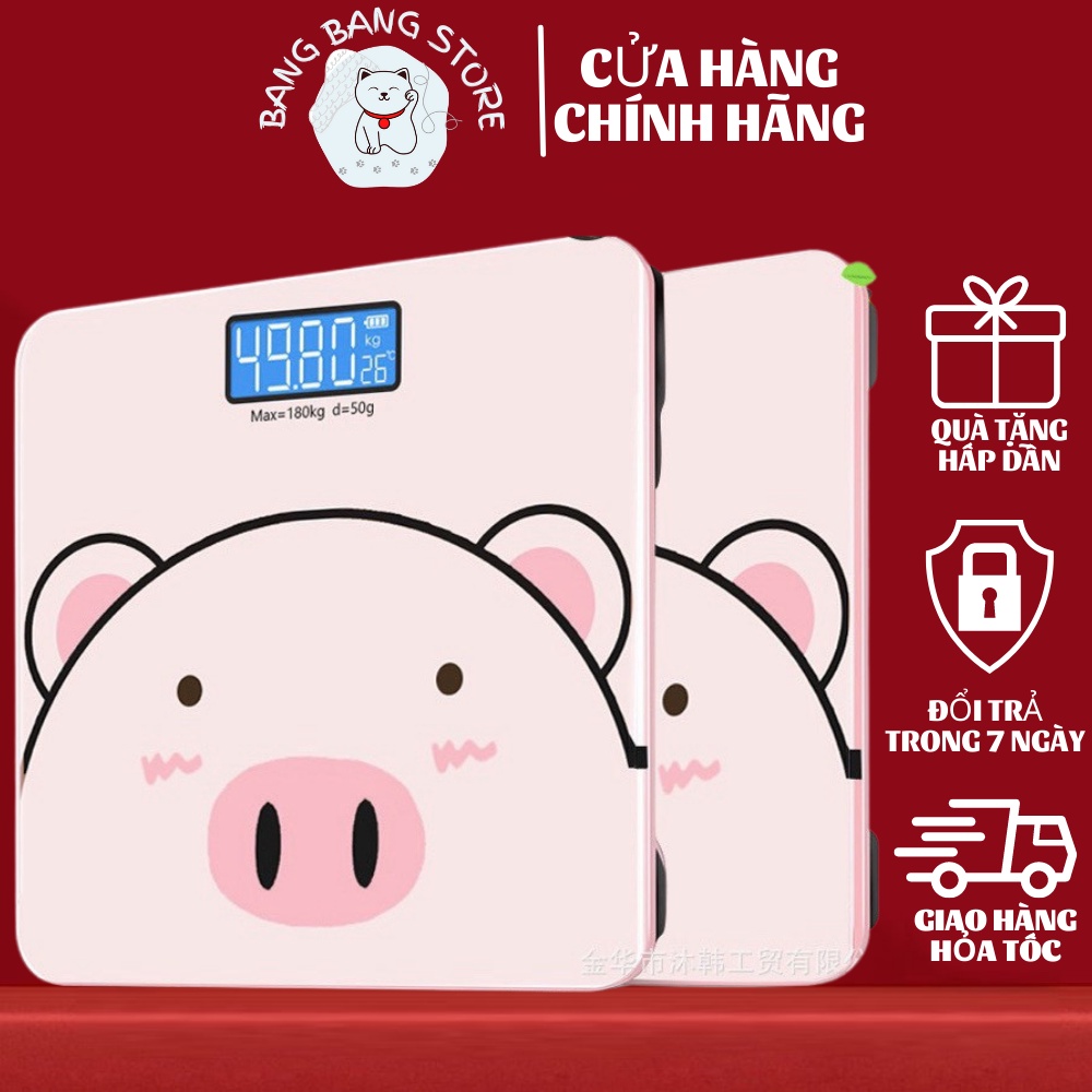 Cân sức khỏe điện tử hình heo hồng, mặt kính cường lực trọng lượng tối đa 200kg, độ chính xác tuyệt đối, 1 lần sạc dùng