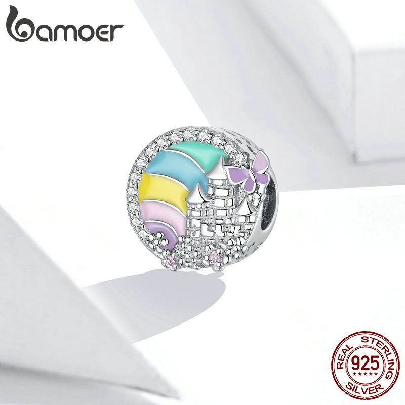 Mặt trang sức Bamoer SCC1585 bằng bạc 925 CZ họa tiết lâu đài cầu vồng sang trọng