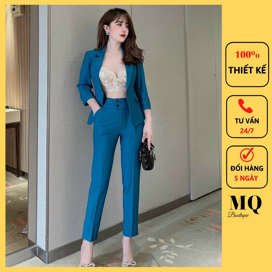 Set Vest nữ công sở trơn áo vest tay lỡ quần tây dài dáng baggy Bộ vest thiết kế MQ Boutique