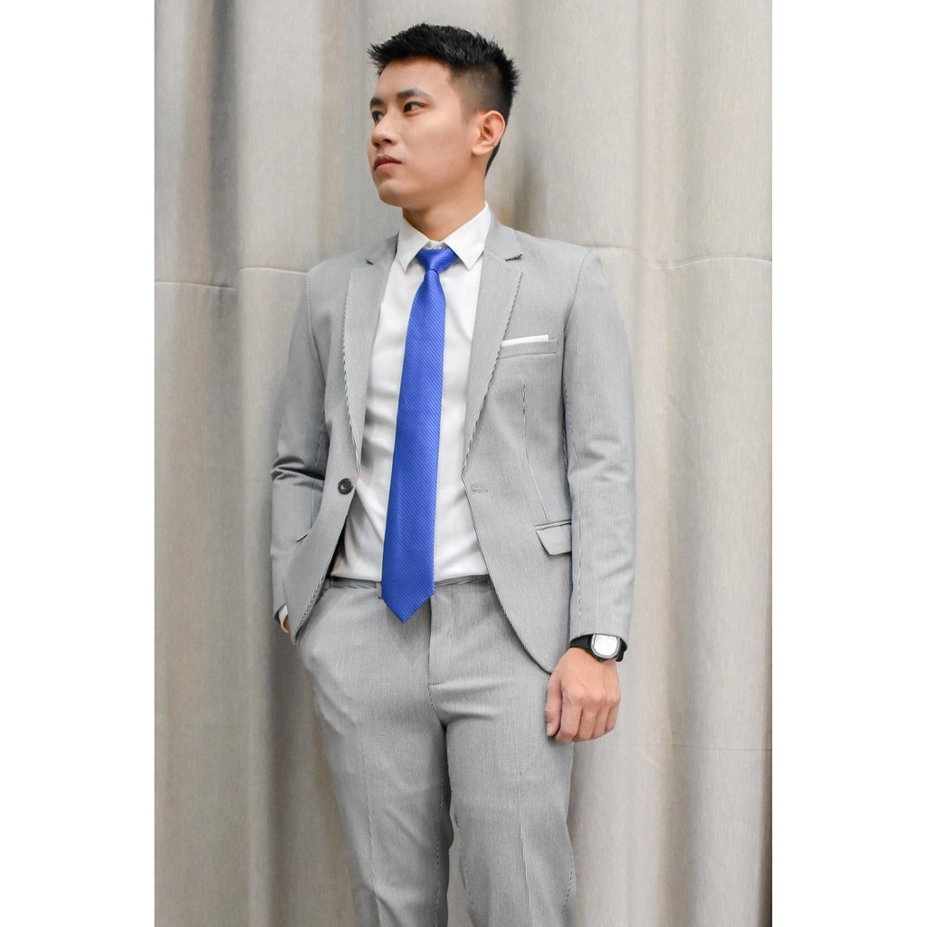 Bộ vest nam tông xám ghi chấm đen nhuyễn chất liệu vải cao cấp dày mịn co giãn tặng combo phụ kiện