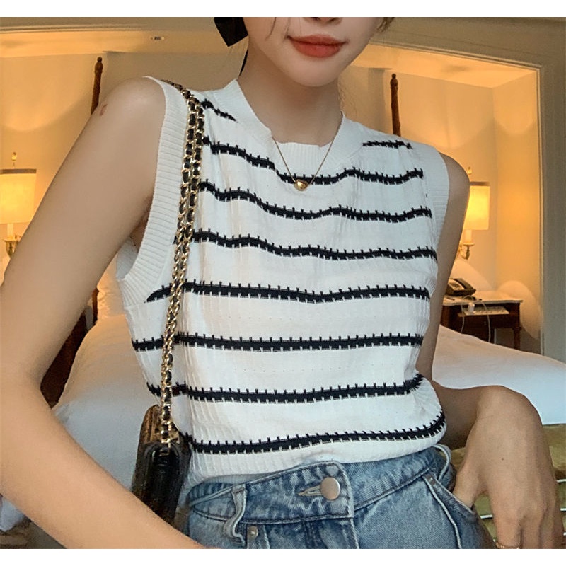 Áo Thun Không Tay Họa Tiết Kẻ Sọc Thời Trang Mùa Hè Cho Nữ