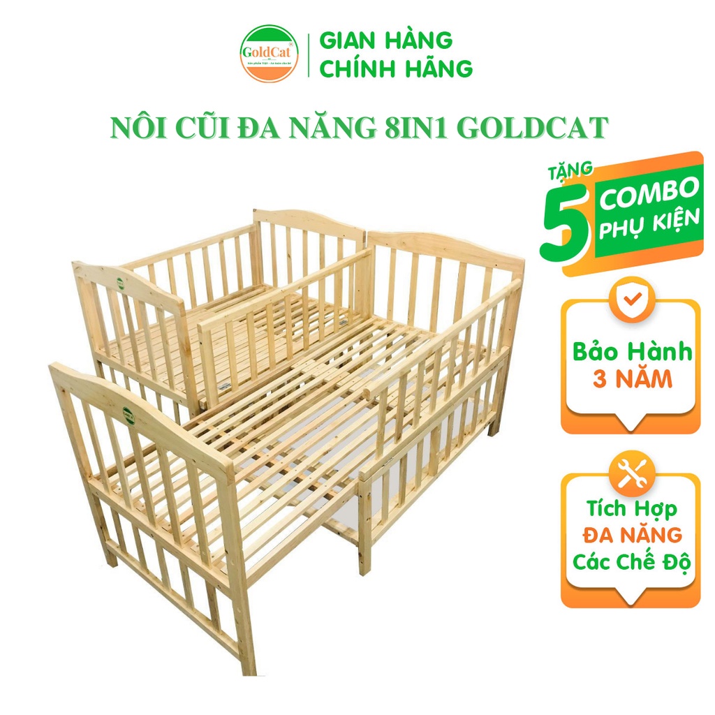 Nôi Cũi Gỗ Quế Đa Năng Cho Bé GOLDCAT C8V Có Thể Kéo Dài Thành Giường Lớn Cho Trẻ từ 0-10 tuổi