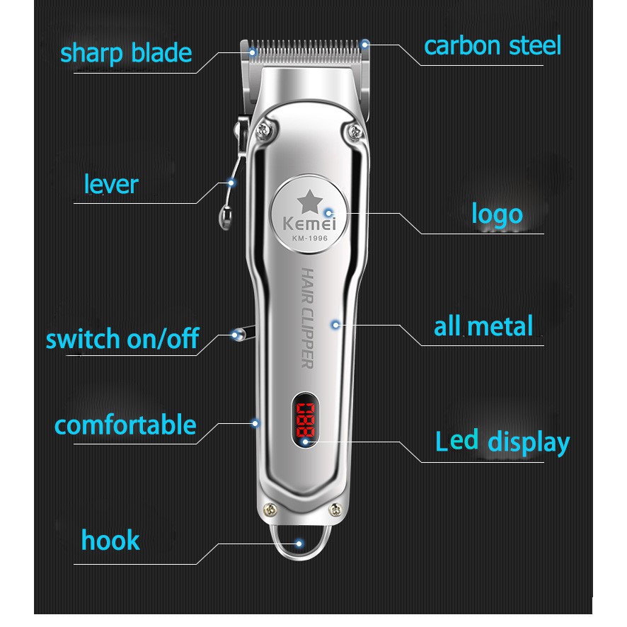Tông Đơ Cắt Tóc Kemei KM-1996 1997 Không Dây Thân Kim Loại Chuyên Dụng Dành Cho Thợ Cắt Tóc