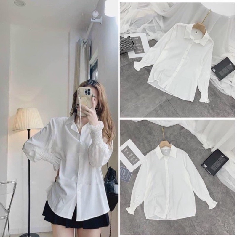 Áo sơ mi nữ bo tay cổ bẻ bassic phối ghi lê siêu sinh