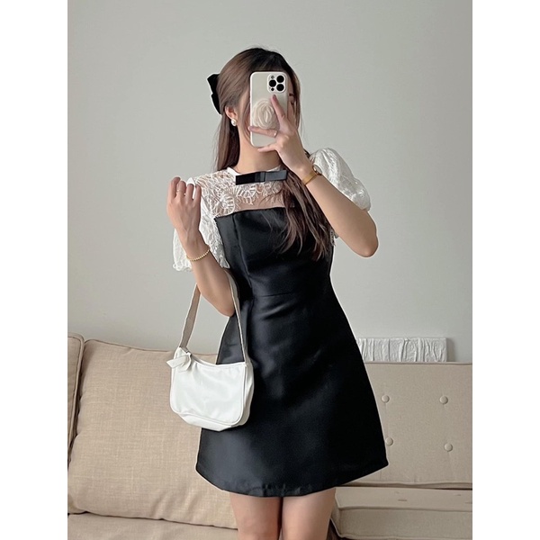 Váy gấm cổ pha ren đính nơ đen tiểu thư