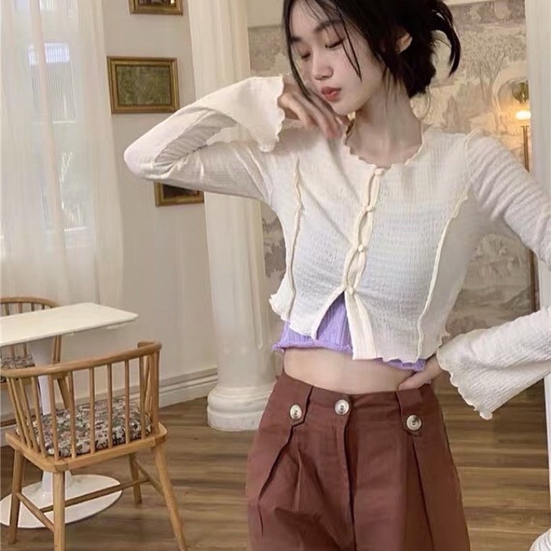 Áo croptop tay dài xốp nhẹ cúc bọc viền bèo hàng quảng châu cao cấp yansoo.vn