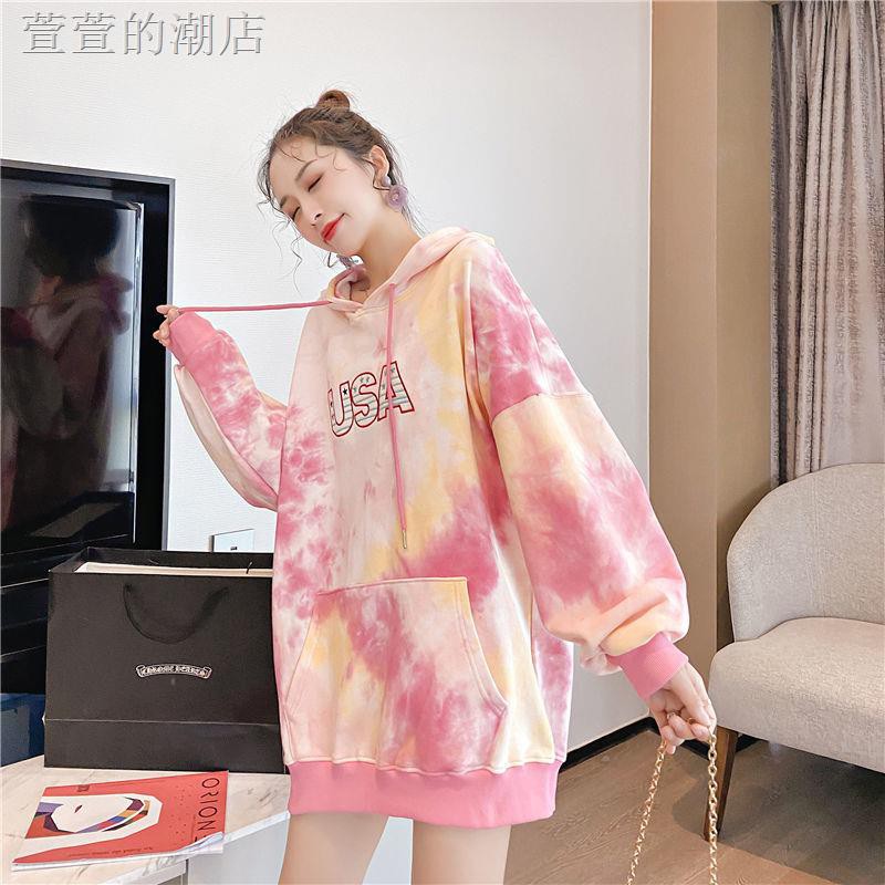 Áo Hoodie Vải Cotton Mỏng Phối Màu Nhuộm Kiểu Retro Cá Tính Cho Nữ