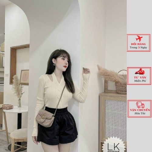 Áo len thừng nữ hở vai dáng ôm body màu nâu be đen ulzzang Hàn Quốc thu đông