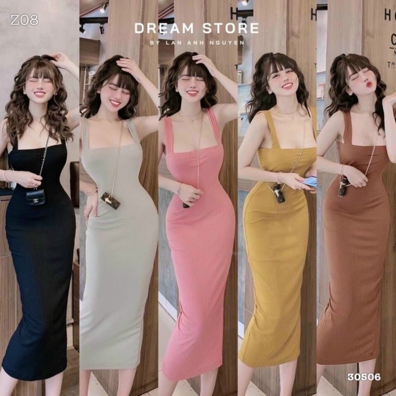 [NHẬP VAYD25 _GIẢM 25K ] Đầm thun cổ vuông body 2 dây-kèm video HÀNG CÓ SẴN GIAO NGAY