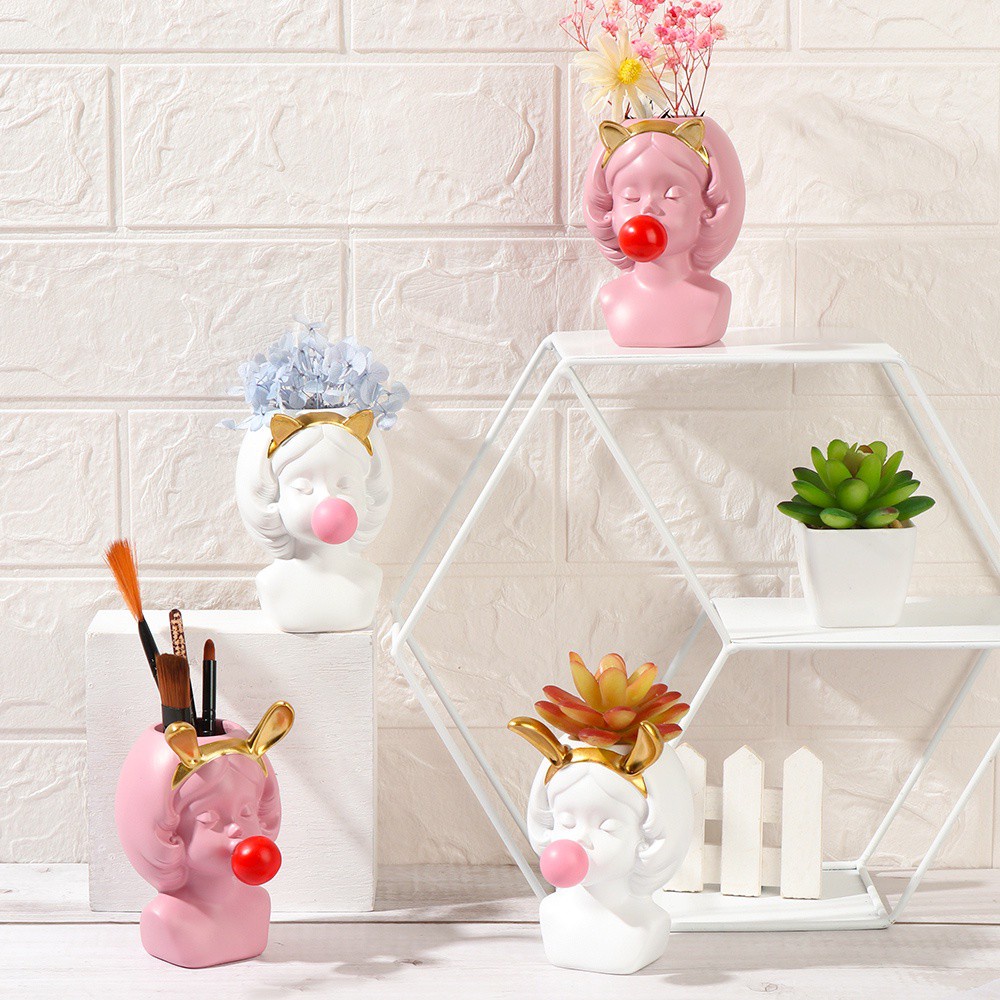 MIOSHOP Art Statue Resin Vases Pen Container Vase Statue Flower Bottle Modern Home Decoration Girl Statue Living Room Dry Vase Fleshy Plant Flowerpot