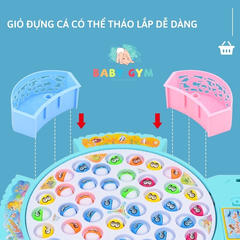 Đồ chơi câu cá cho bé bằng nhựa, nhiều màu, có nhạc, tặng kèm pin - Bộ 45 con cá, cần câu móc - BABYGYM