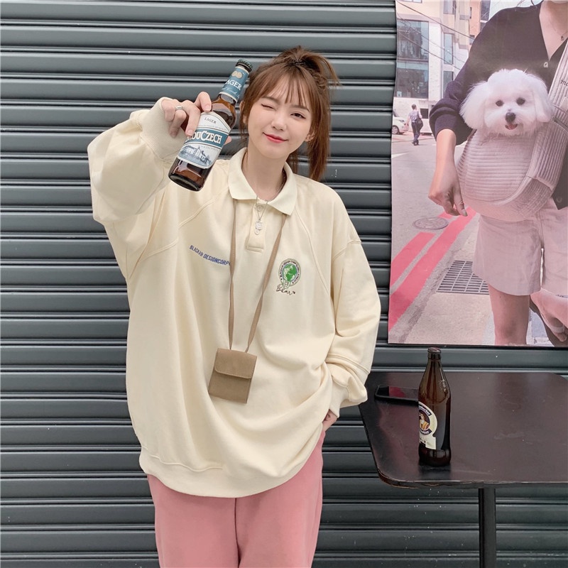 Áo sweater cổ polo dáng rộng thêu họa tiết thời trang mùa thu cho nữ | BigBuy360 - bigbuy360.vn