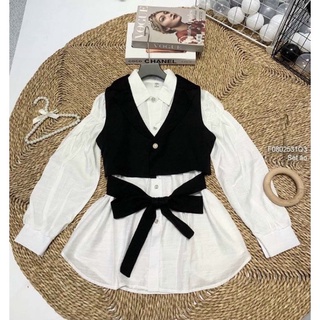Set áo sơ mi trắng form rộng tay dài phối áo vest gilê croptop thắt nơ eo siêu xinh alohastore1