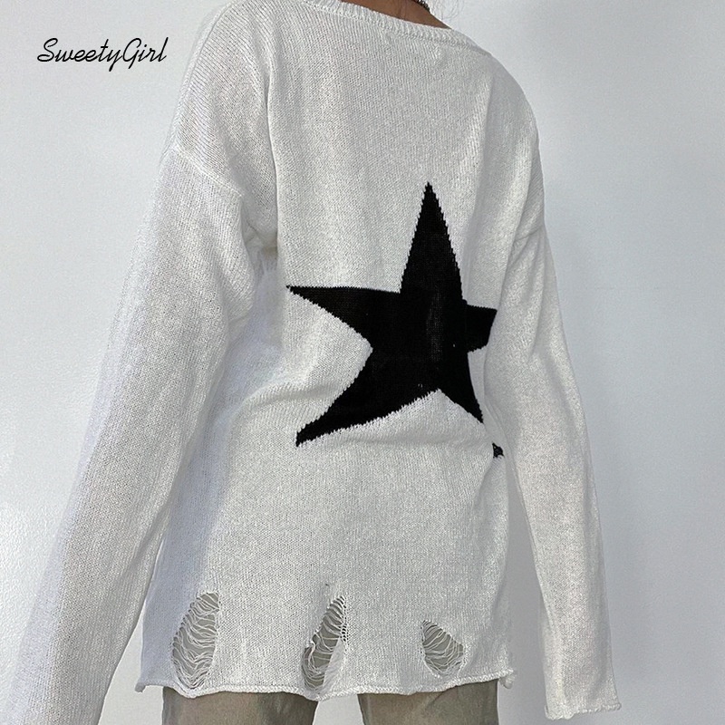 Áo Khoác Cardigan Dệt Kim Tay Dài Cổ Tròn Dáng Rộng In Họa Tiết Ngôi Sao Màu Tương Phản Thời Trang 2022 Cho Nữ